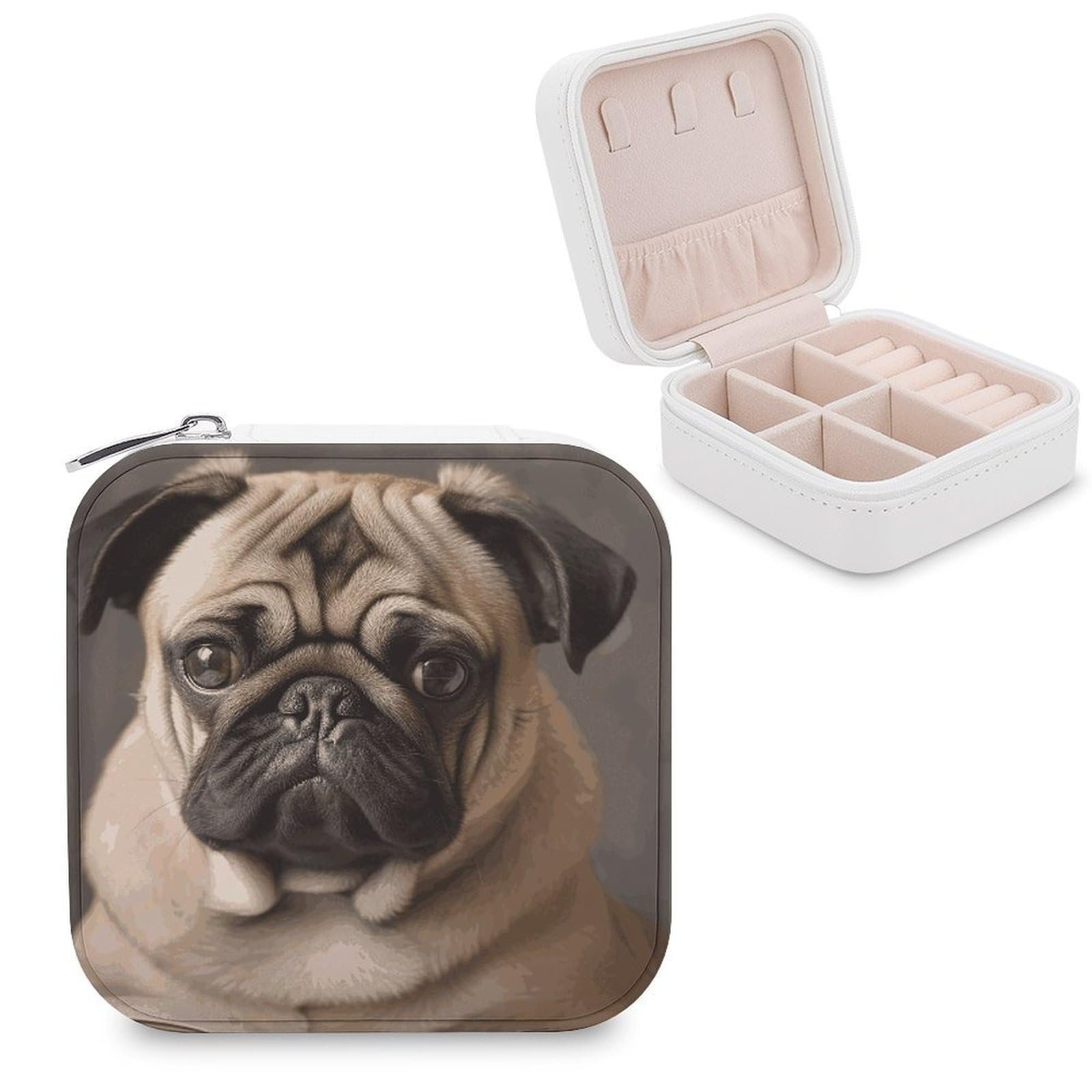 JTREHY Animal Pug Dog Jewelry Box Personalized PU Jewelry Box Exquisite Jewelrys Organizer Case Small Portable Jewellery Storage Holder for Rings Earrings Necklaces Gifts