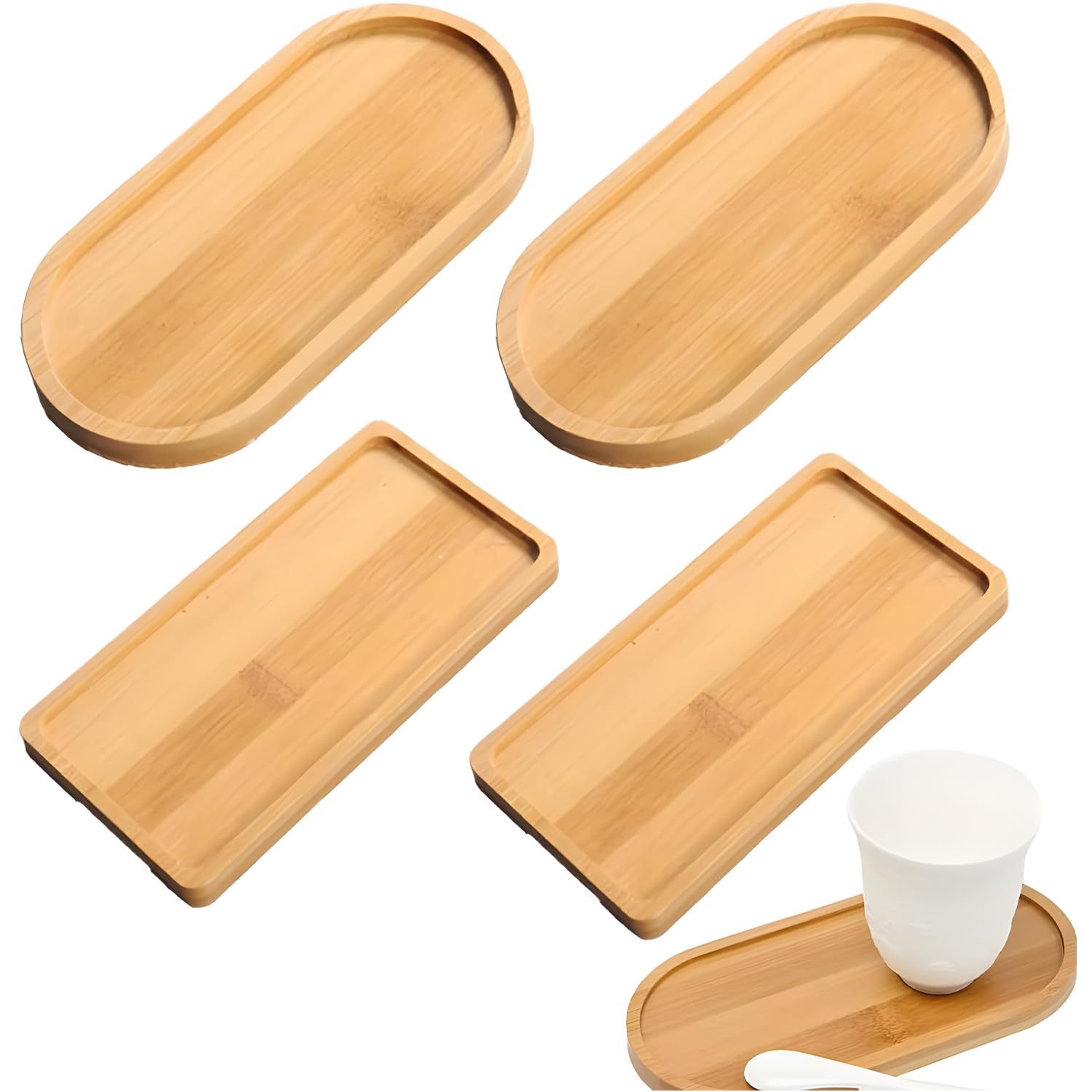 Joyzzz Bamboo Trays, 4 Pcs 17.5x8.8cm Oval Rectangular Small Solid Wood Serving Trays, Eco-Friendly Durable Platters for Food Vegetables and Fruits, Flower Boards for Indoor and Outdoor Plants