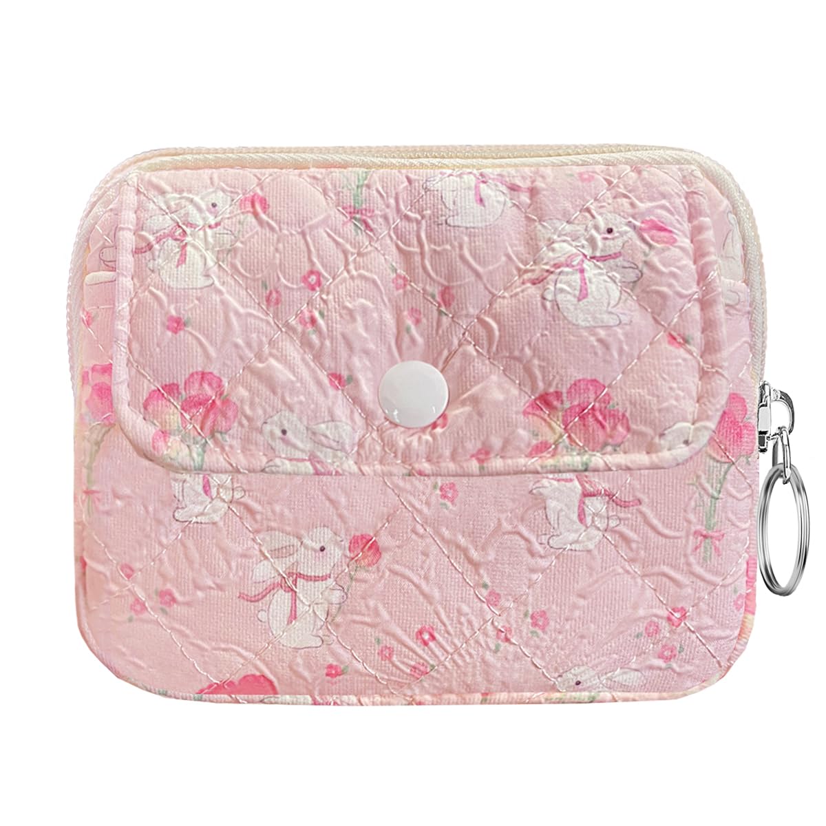 Modacarry Cotton Quilted Floral Coin Pouch with Cute Prints Zipper for Women Girls (BOUQUET BUNNY)