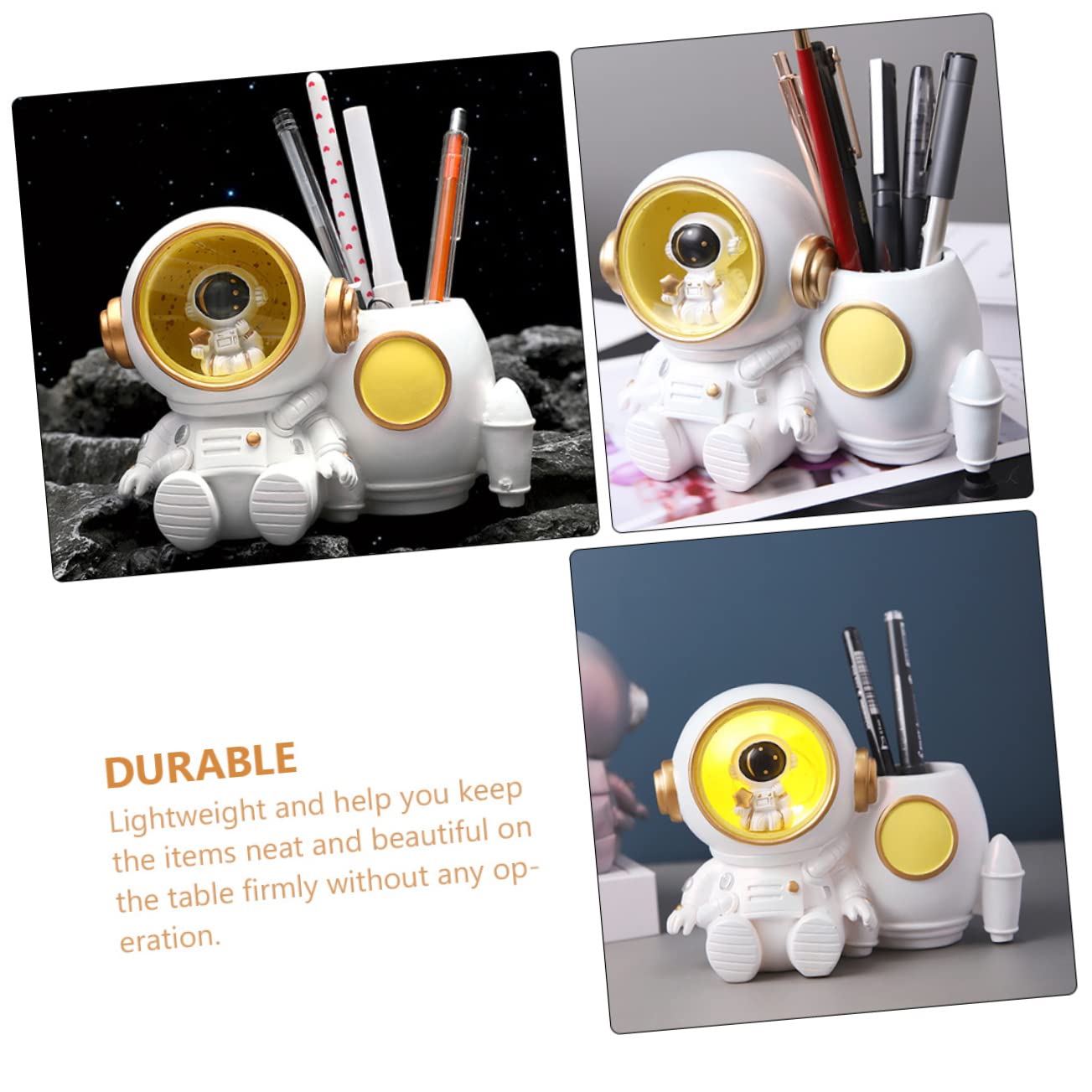 POPETPOP Portapenne Astronauta con Luce Porta Penne in Resina Bianco Grande Capacità per Scrivania Studenti Accessorio Ufficio Leggero e Decorativo