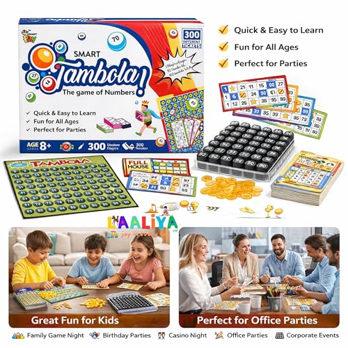 Image of Smart Tambola Game Set with 300 Non Repeating Tickets, Number Calling Board & Marker Coins | Reusable Housie Board Game for Families, Adults, Kids, Birthday Parties & Festivals