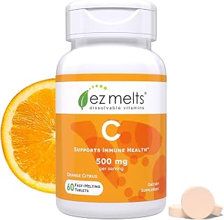 EZ Melts Vitamin C - Daily Vitamin for Antioxidant & Immune Support - No Artificial Flavors - Non-GMO & Sugar-Free - Orange Citrus - 60 Dissolvable Tablets (30 Servings)