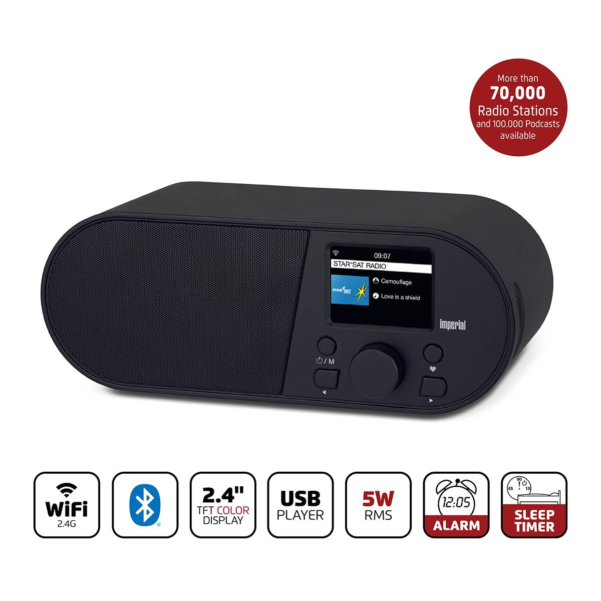 Imperial i105 | Radio Internet avec Wi-FI | Lecteur multimédia | USB | DLNA | Écran Couleur | Fonction réveil | Contrôle Via Application | Noir