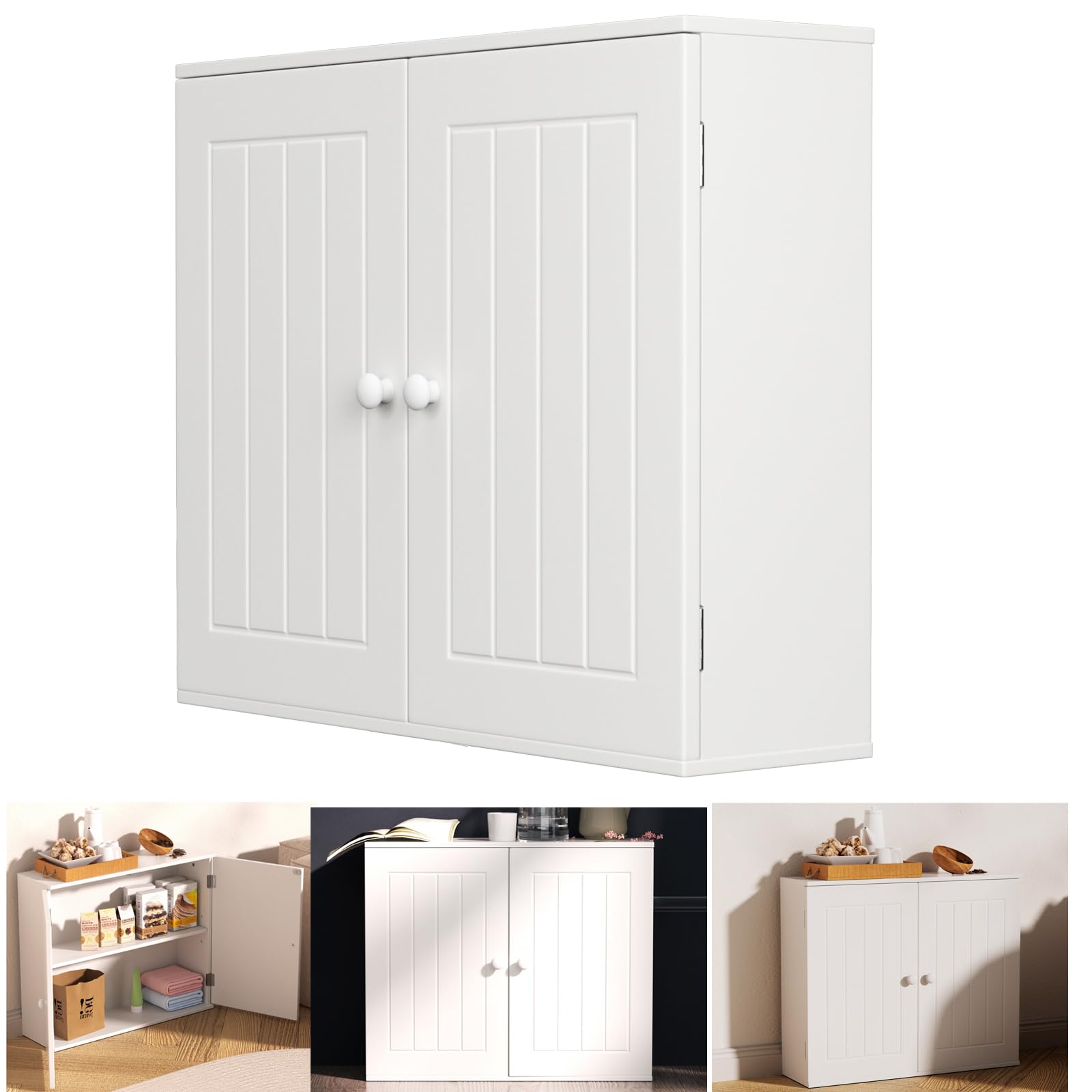 Armario de pared impermeable para baño, unidad de almacenamiento de baño, armario moderno multiusos de doble puerta para cocina, pasillo, dormitorio, 50,3 x 60 x 15,2 cm