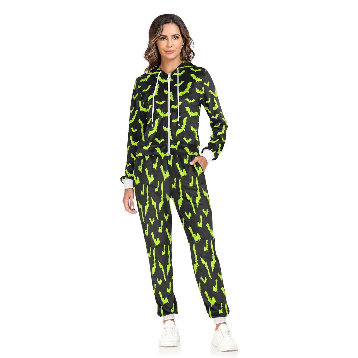 Conjunto deportivo de 2 piezas para mujer, diseño de murciélagos verdes, conjunto deportivo de manga larga para Halloween
