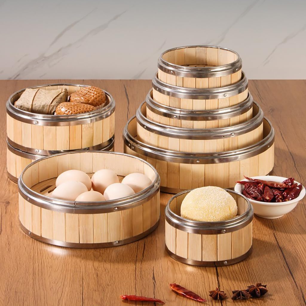 Cesta de Vapor de bambú,2 Niveles con Tapa Steam Cooker,Olla vaporera de bambú Cocinar al Vapor con Bandas de Acero Inoxidable - para arroz,Dim Sum,Verduras,Carne y Pescado (8 tamaños)