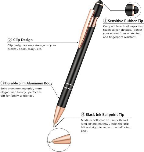 Miniatura 8 de Aozora Paquete de 9 bolígrafos retráctiles 2 en 1 de escritura suave con punta de lápiz capacitivo, lápiz capacitivo de metal para decoración de