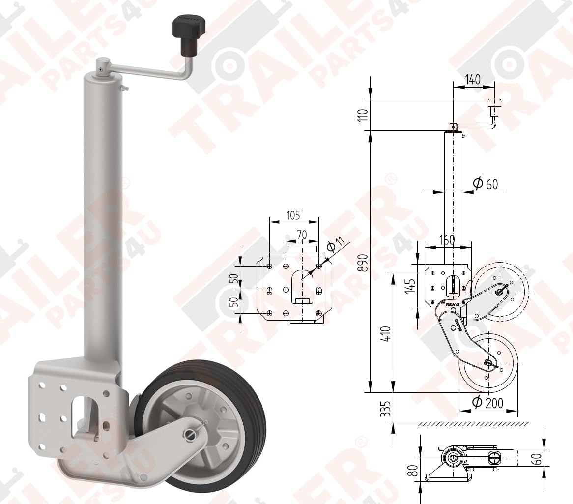 trailer parts4u Oryginalne koło podporowe Knott długie duże obciążenie 500 kg samochód osobowy przyczepa koło ostrogowe 200 x 50 mm 416262.001