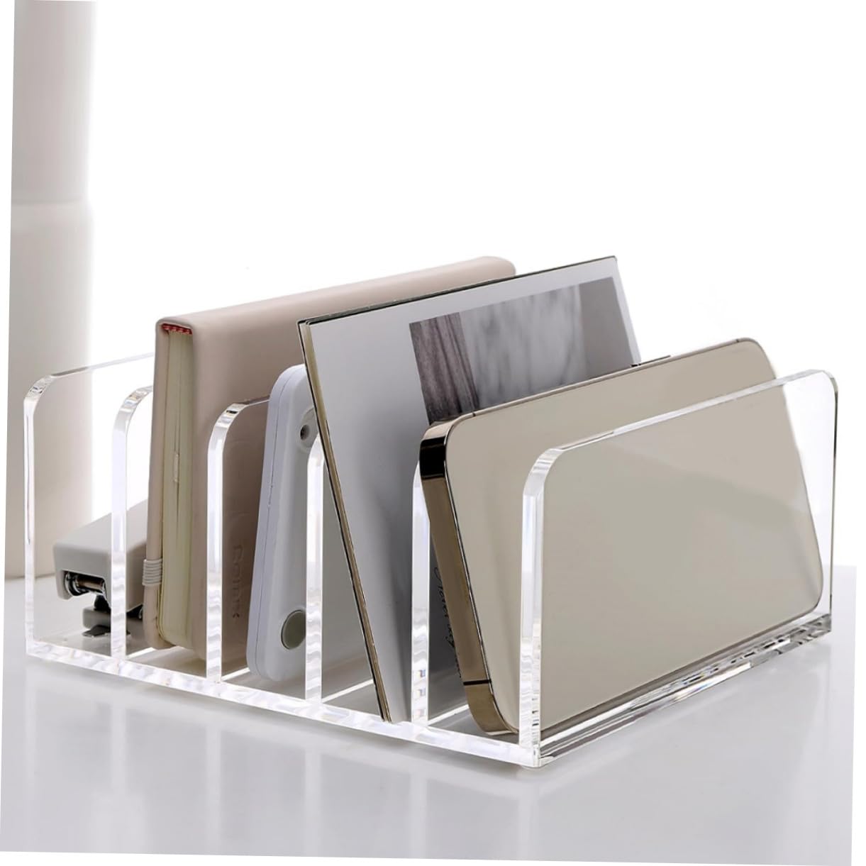 Organizador de Libros para Escritorio de Acrílico Diseño Abierto y 5 Compartimentos, Soporte Resistente para Cartas y Documentos, Adecuado para Uso en Casa y Dormitorio
