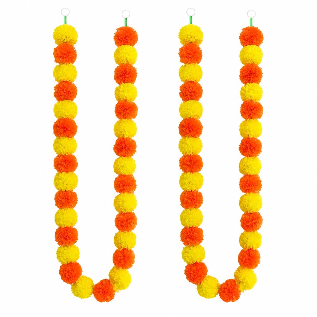 Marigold Garland Decorations, 2-Pack 150cm Artificial Flowers, Diwali Decor