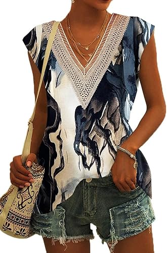 Miniatura 3 de Camisetas de verano para mujer, camisetas de manga casquillo, blusa casual con cuello en V, encaje y estampado floral, ajuste holgado