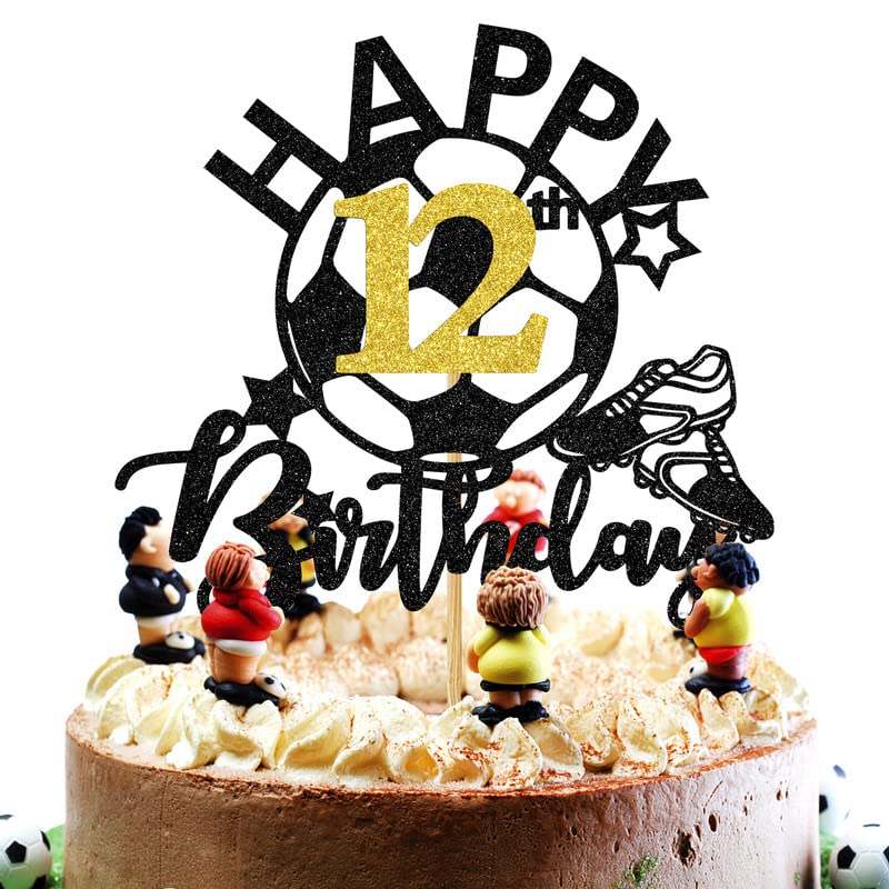 AeryourtarGlitter Soccer Happy 12th Birthday Cake Topper, Soccer Players Toys / Football Soccer Theme Party Cake Decorations, 12 Years Old Birthday Cake Ball Party Decorations Supplies for Boy Girl