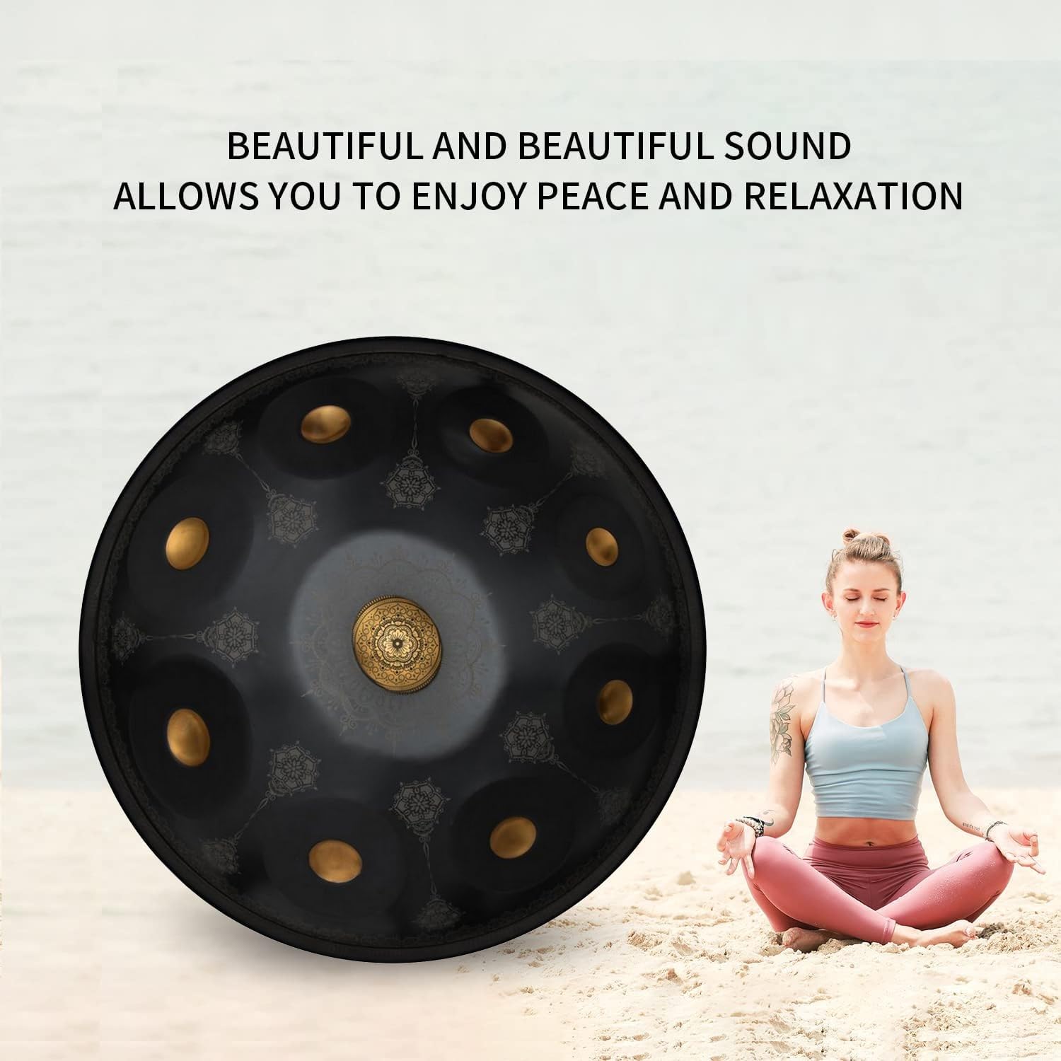 Handpan bęben językowy, ręczny instrument 56 cm, mandala, bęben, stalowy bęben perkusyjny, z torbą podróżną, 440 Hz, stalowy bęben językowy D-moll, instrument perkusyjny (czarny, 9 nut)