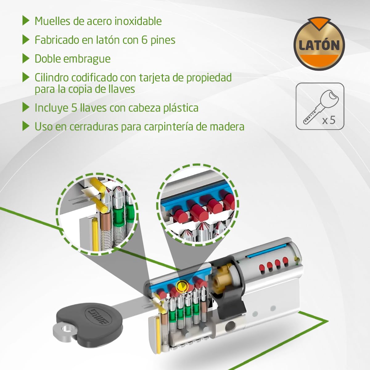 Amig - Cilindro de seguridad - Cerradura para puertas - Antiganzúa y Antibumping - Bombín Antiextracción y Antirotura - Incluye 5 llaves - Dorado mate - Medidas: 70 (30-40) mm