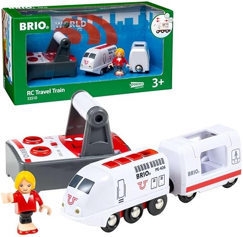 BRIO Tren de viaje con control remoto, juguete para niños con características de luz y sonido, funciona con pilas, compatible con vías de