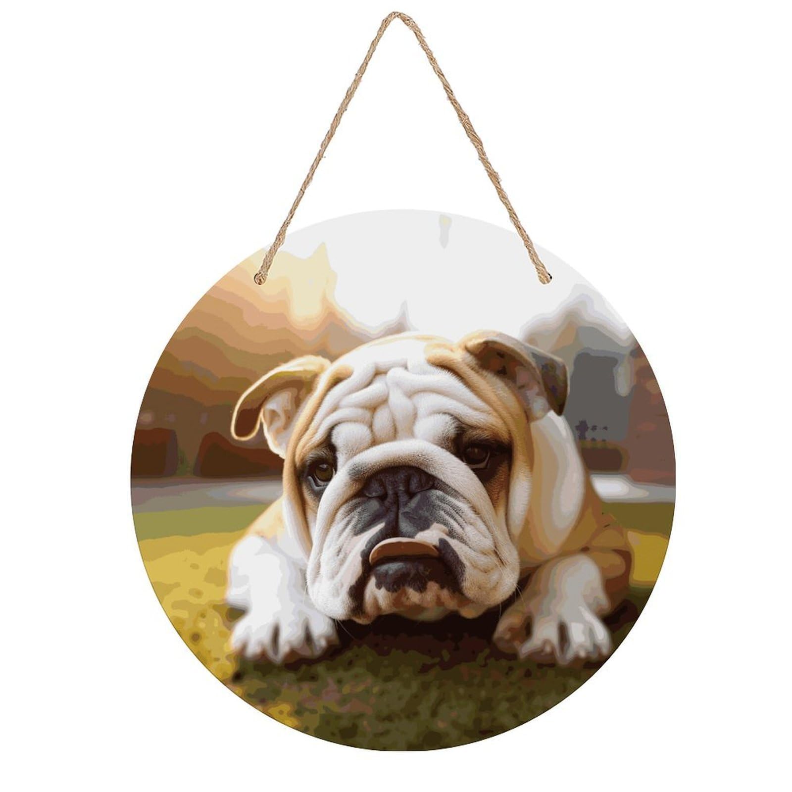 VstaDank Cute Bulldog Puppy Wall Art Decor with Ropes Wooden Hanging Sign Hanging Wall Decor Artwork Round Wood Painting Modern Wall Prints Decor Picture for Office Bar Home Decors