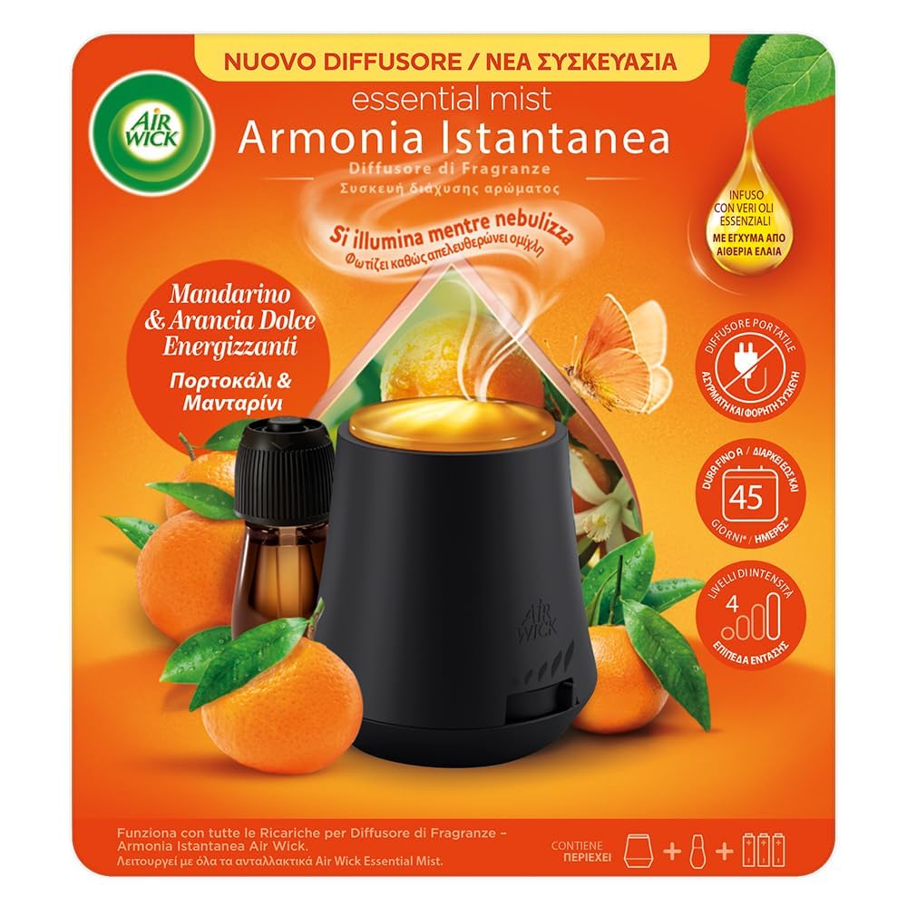 Airwick Armonia Istantanea Profumatore per Ambienti, Confezione con 1 Diffusore di Oli Essenziali e 1 Ricarica per Diffusore di Oli Essenziali, Fragranza Mandarino & Arancia Dolce Energizzanti