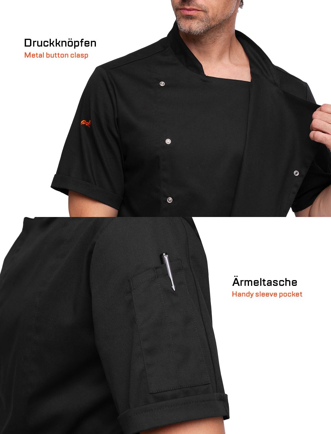 strongAnt Chaqueta de Chef para Hombre Slim Fit Stretch con Botones de presión, Chaqueta de Panadero - Manga Corta - Negro, L