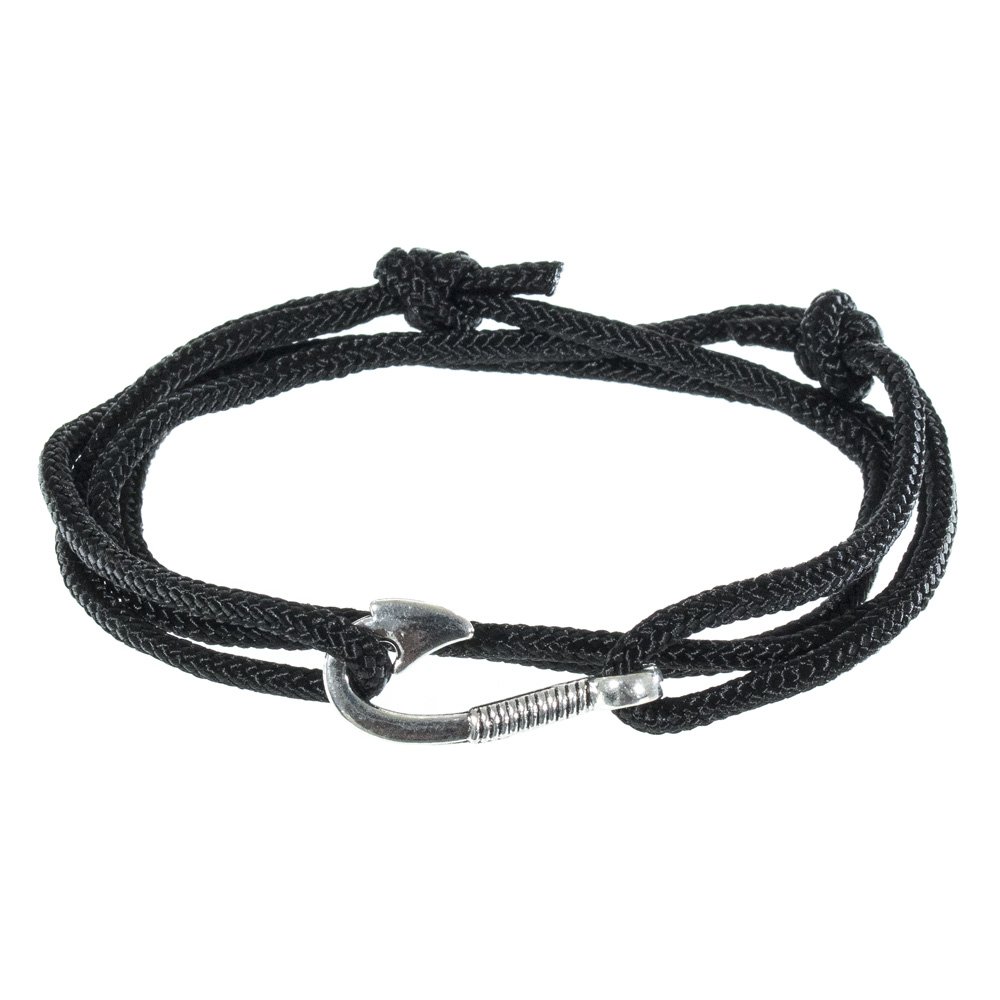 West Coast ParacordMen's Adjustable Nautical Anchor and Fish Hook Wrap Cuff Bracelets - Available in a Variety of Finishes and Colors - Made of Nylon Rope Black