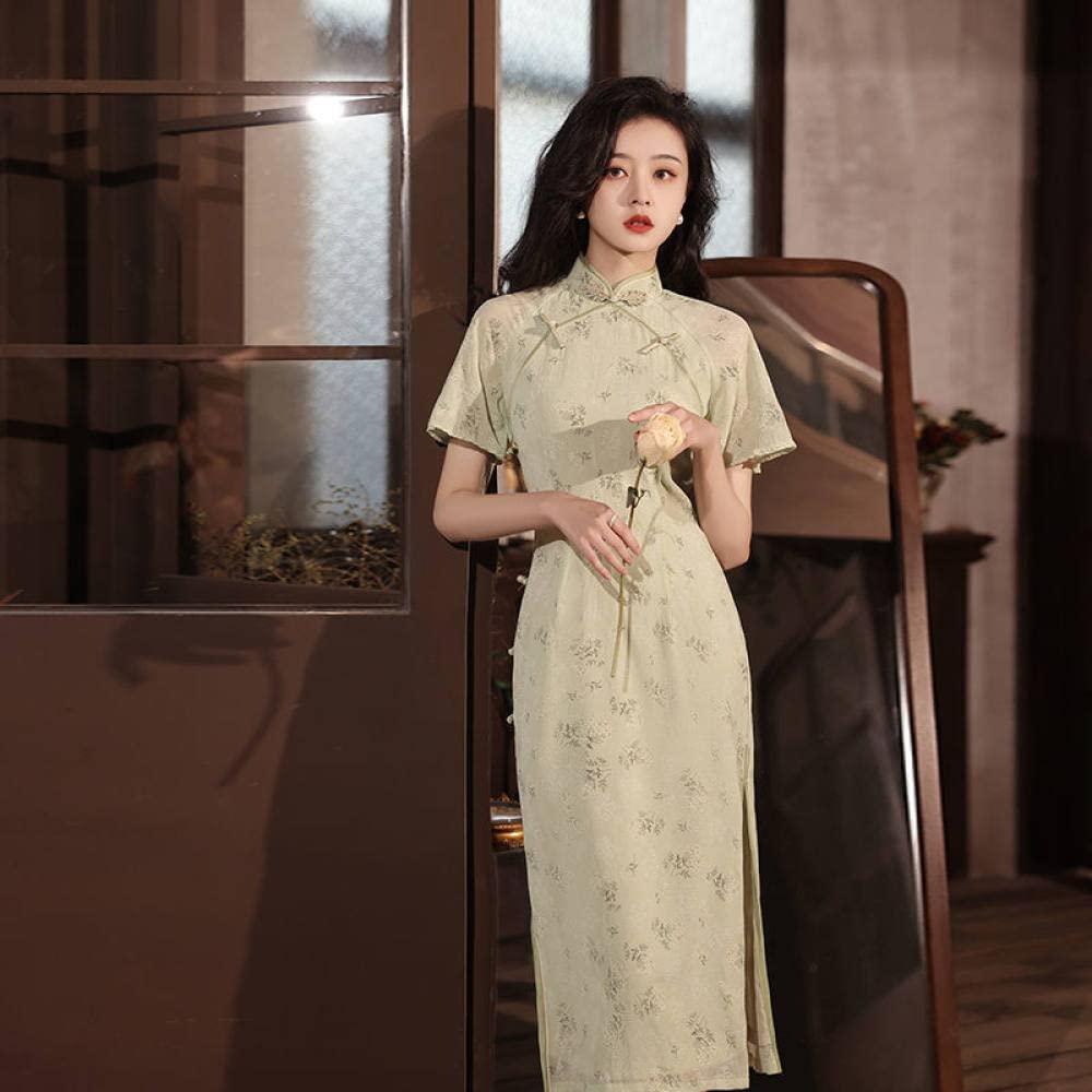 Cheongsam pour Femmes,Imiter La Robe Cheongsam en Satin Rétro Décontracté Manches Courtes Lâche Robe Midi Mince Fleur Verte Robe De Cocktail Qipao Jacquard Robe De Soirée Moulante pour Les Femm