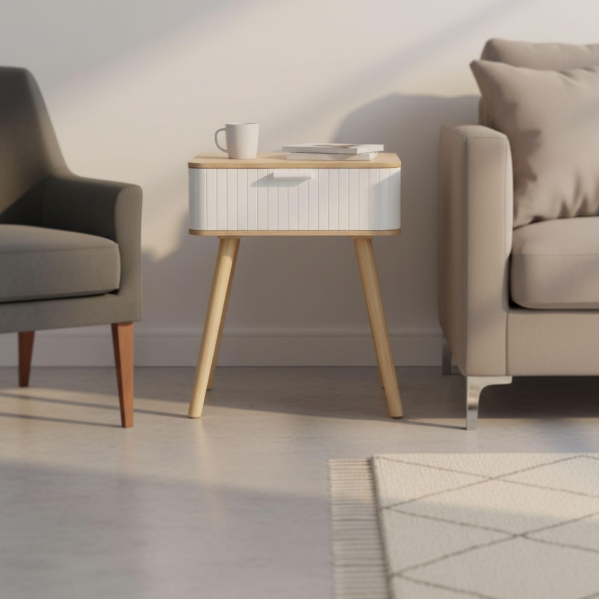 INDE MOBLEKIT | Mesita de Noche Madera Blanca con Cajón, 40x29x52 cm, Mesilla Estilo Nórdico para Dormitorio o Salón, Mesa Auxiliar Compacta, Mesitas de Noche Blancas y Funcionales