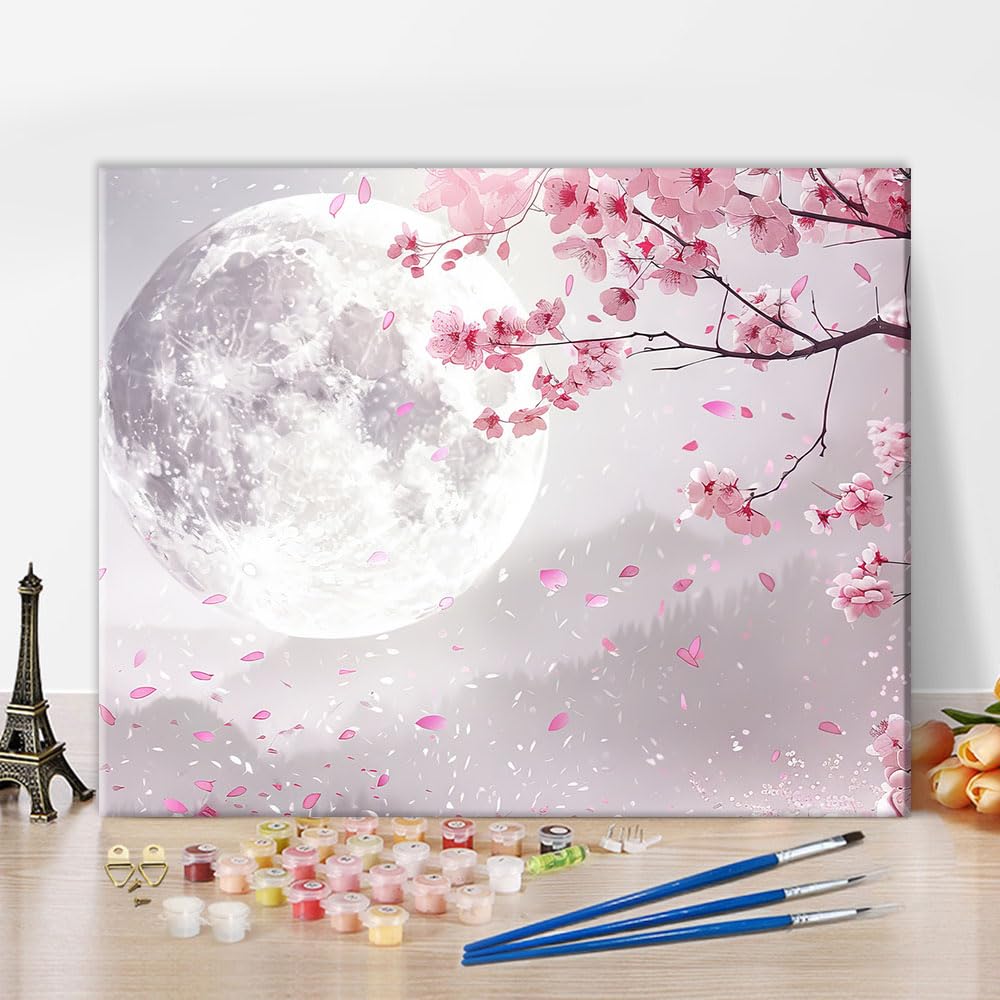 TISHIRON Adult Paint by Number Kits on Canvas, Sakura Paint by Numbers, Cherry Blossom Moon Painting by Numbers Adults Painting-by-Number Kits, DIY Canvas Craft Kits for Decor, 40x50cm