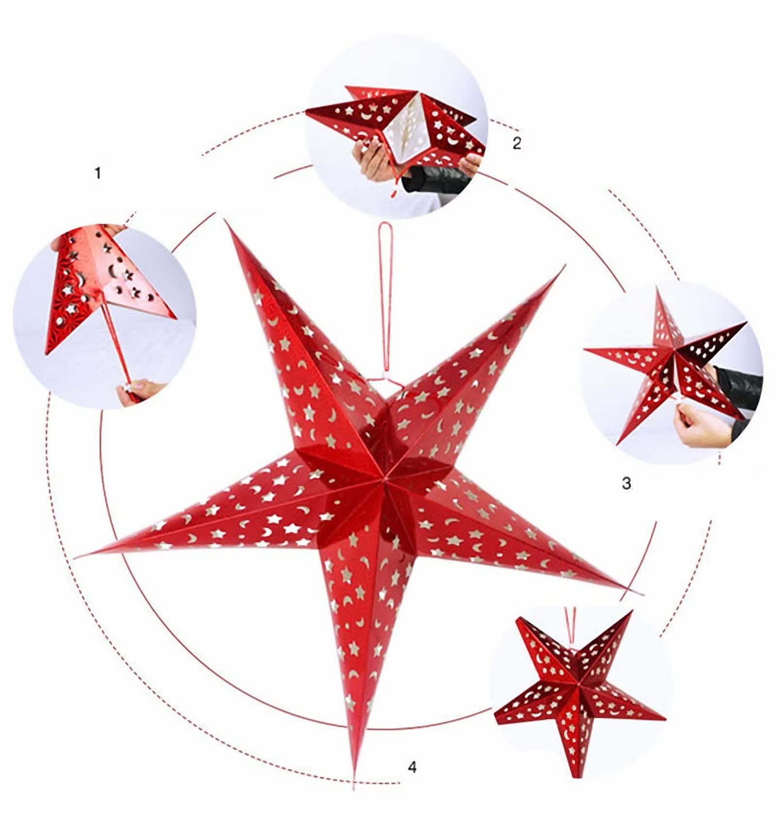 Juego de 6 adornos para árbol de Navidad, papel láser, diseño de estrella de luna hueca, decoración colgante de árbol de Navidad, adornos de Navidad, suministros de fiesta, regalos de decoración de