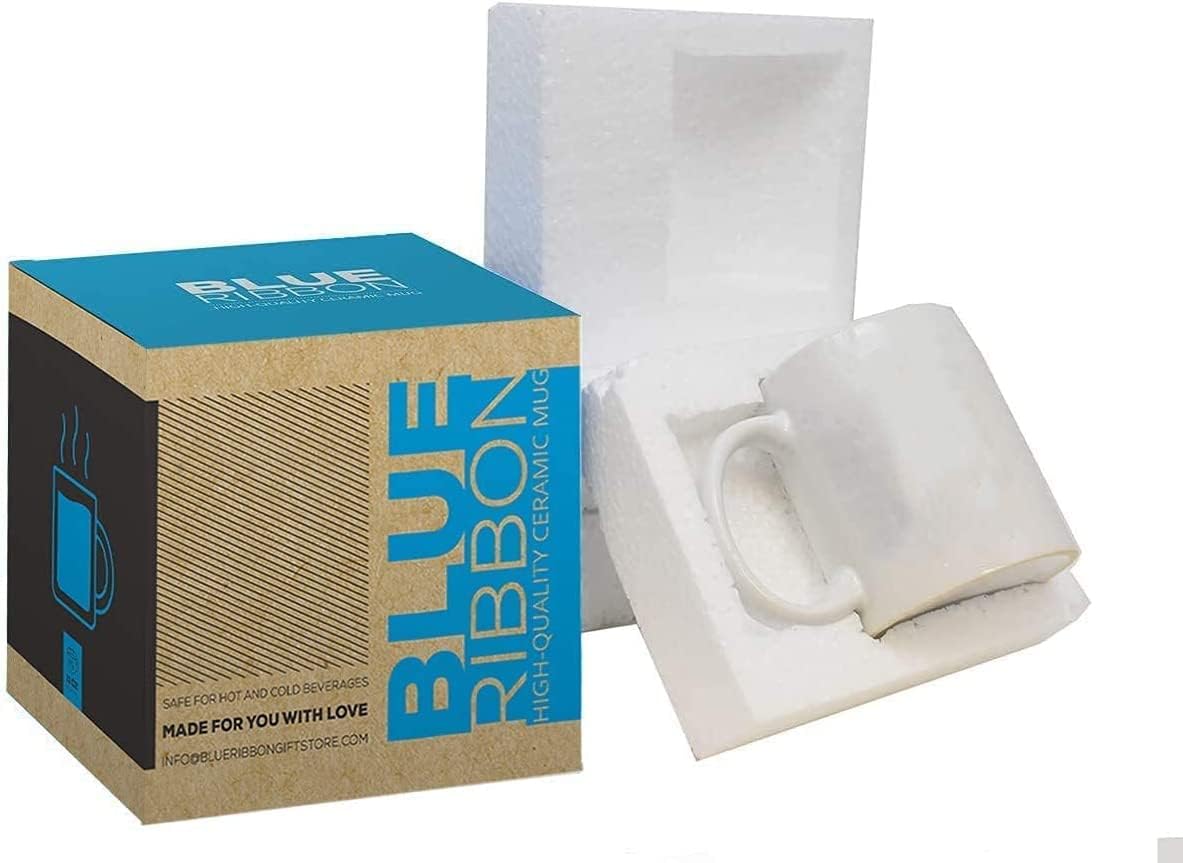 BLUE RIBBON White Sublimation Plain Blank Coffee Mug Made of Ceramic, 11 oz, Set of 1, Comes with Gift Box and Foam Supports (Total 45 Mugs)