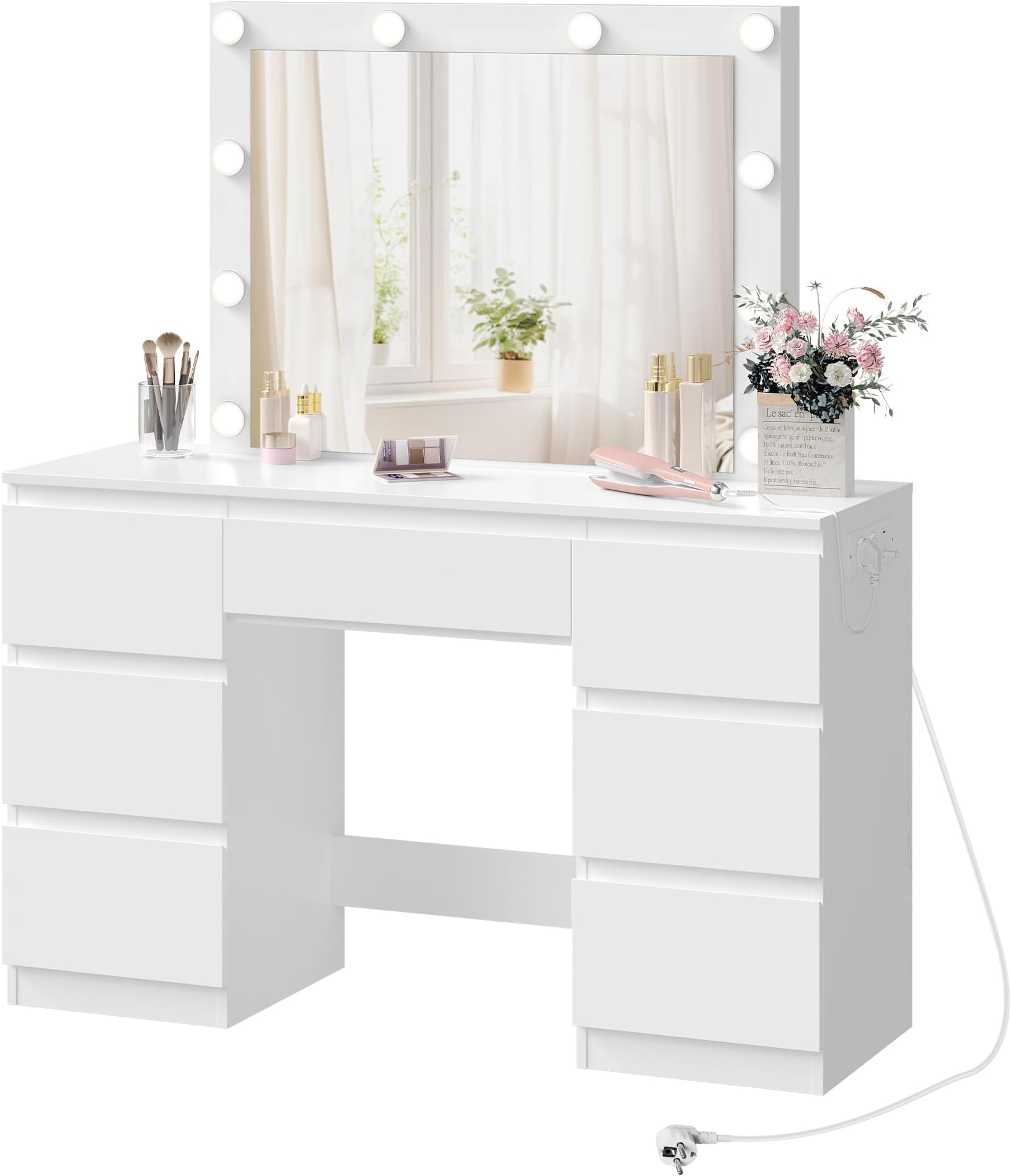WOLTU Dressing Table with Lights and Socket Strip, Vanity Desk with Large LED Mirror and 7 Drawers, Makeup Desk 110x39.5x140cm, White Modern Bedroom Dresser, MB6124ws