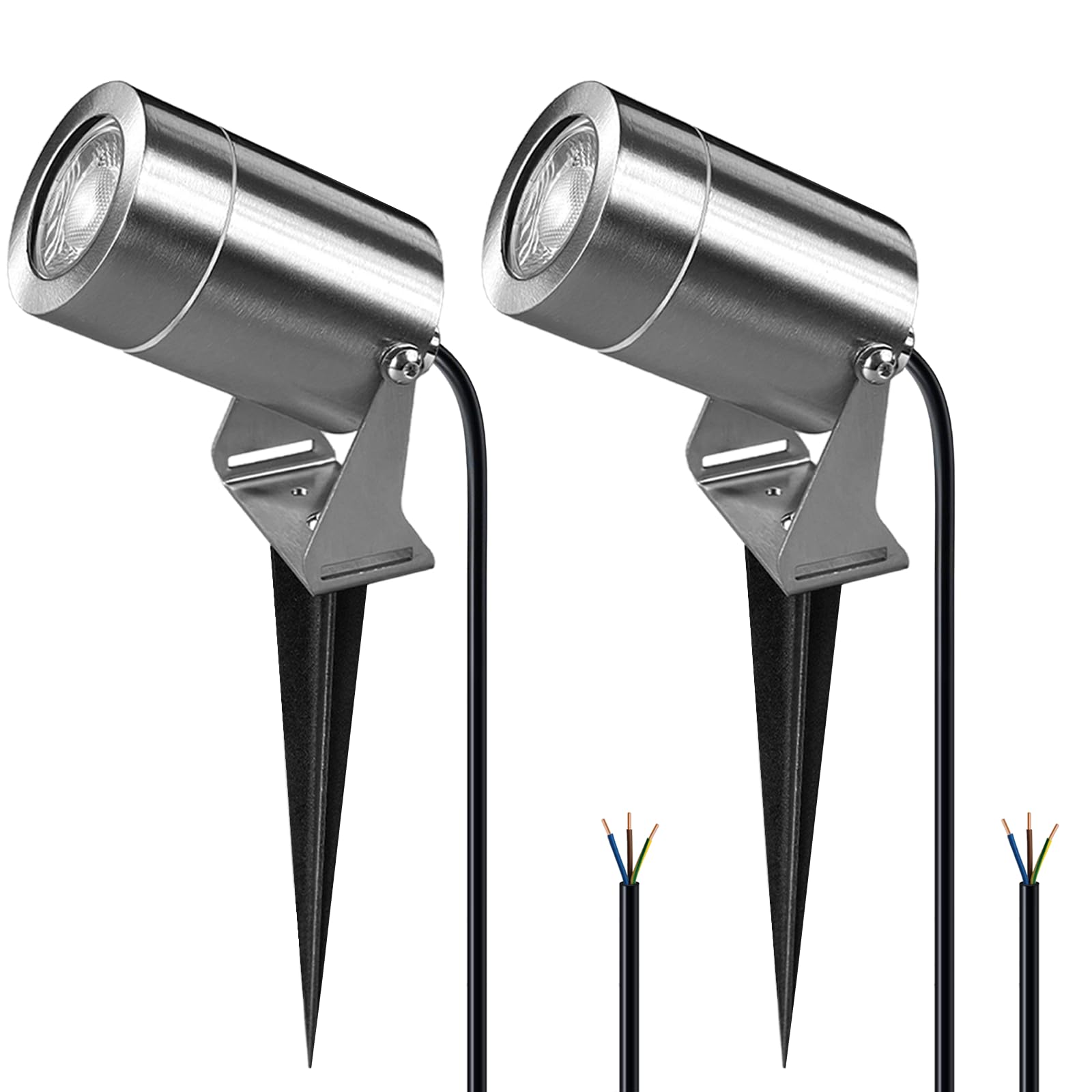 JNR Faretti da Giardino con picchetto da giardino (2-Argento) | Acciaio Inossidabile Faretti IP65 Impermeabile, con Cavo da 2 M, 230V GU10 5W 3000K LED Lampadina Inclusa