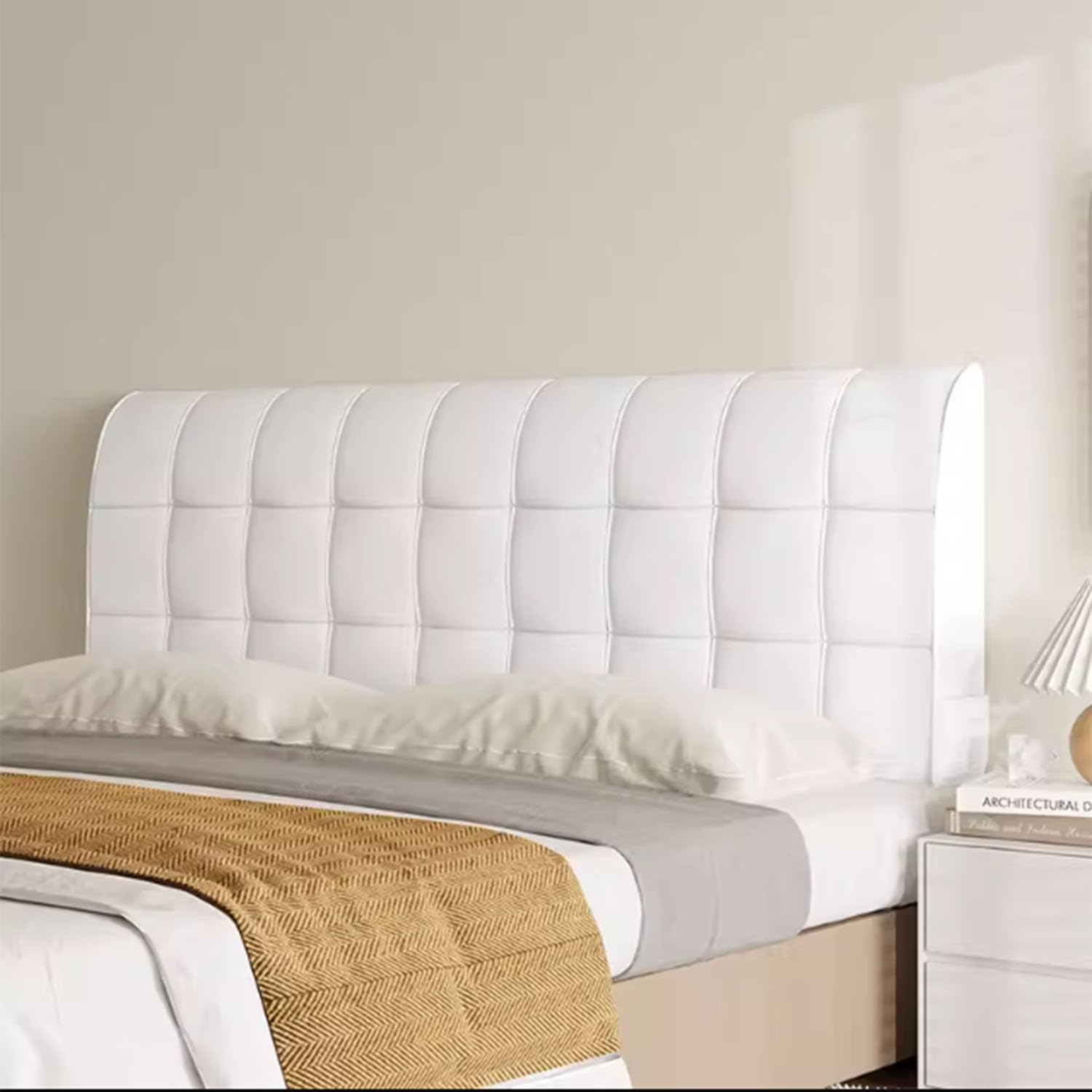 BJFCMLC Velvet Headboard Cover Padded,Reading Pillow,Headboard Slipcover Universal,Headboard Wrap Slipcover With Pockets,For Single/Double/King Size Bed Bedroom DéCor(160X60cm,White)
