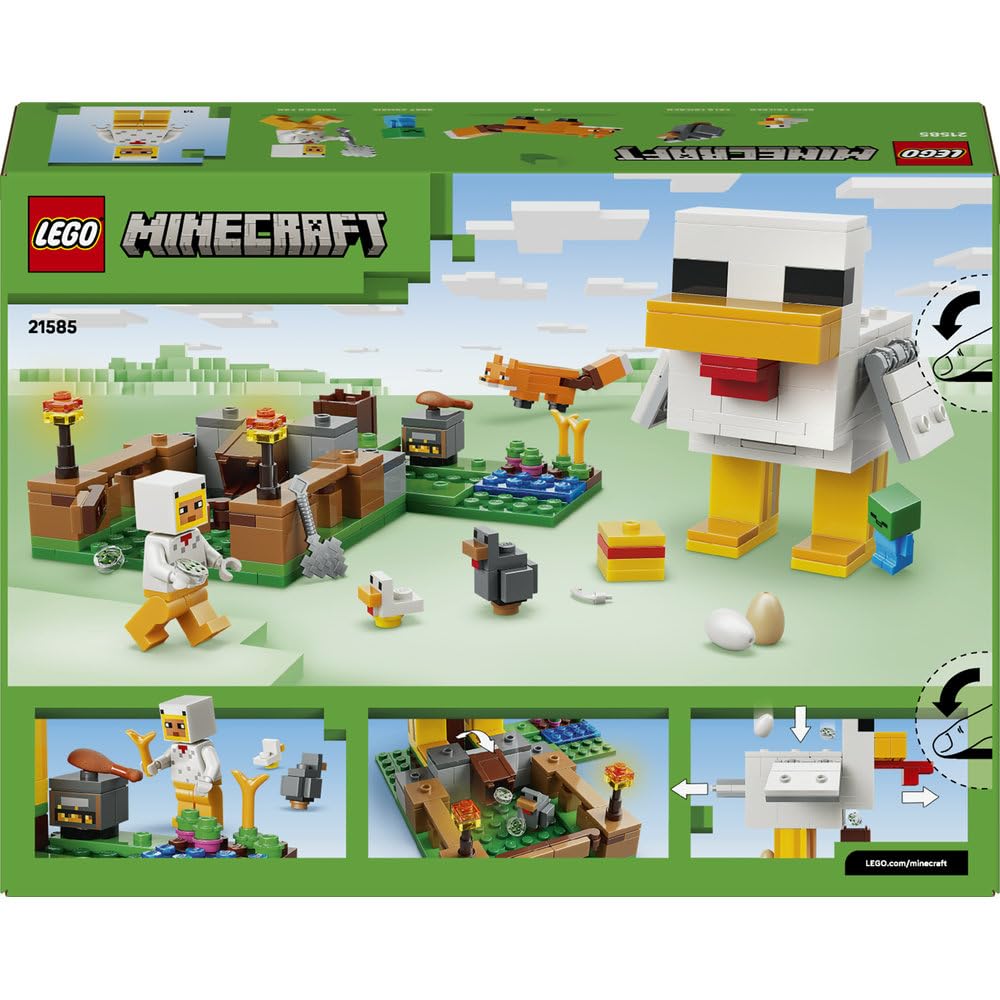 LEGO Minecraft Farma kurczaków, zabawka konstrukcyjna dla chłopca i dziewczynki z figurkami zwierząt i kurnikiem, pomysł na prezent dla 7-latka i gamingowa ozdoba do pokoju dziecięcego 21585