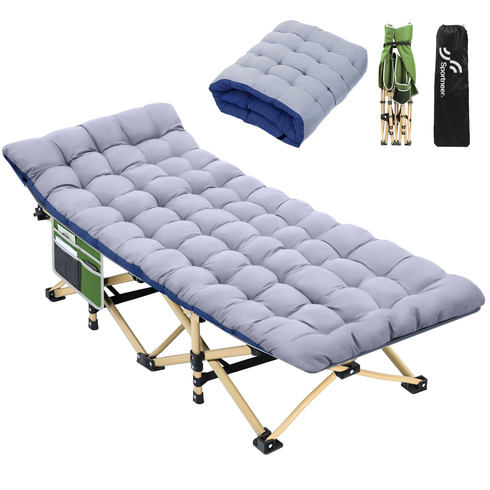Sportneer Camping Cots for Adults: 1200D Double Layer Oxford Camping Cot with Mattress, Heavy Duty Foldable Cots for Camping Travel Tent Day Outdoor & Home Guest, Cot Bed with Carry Bag & 2 Pockets