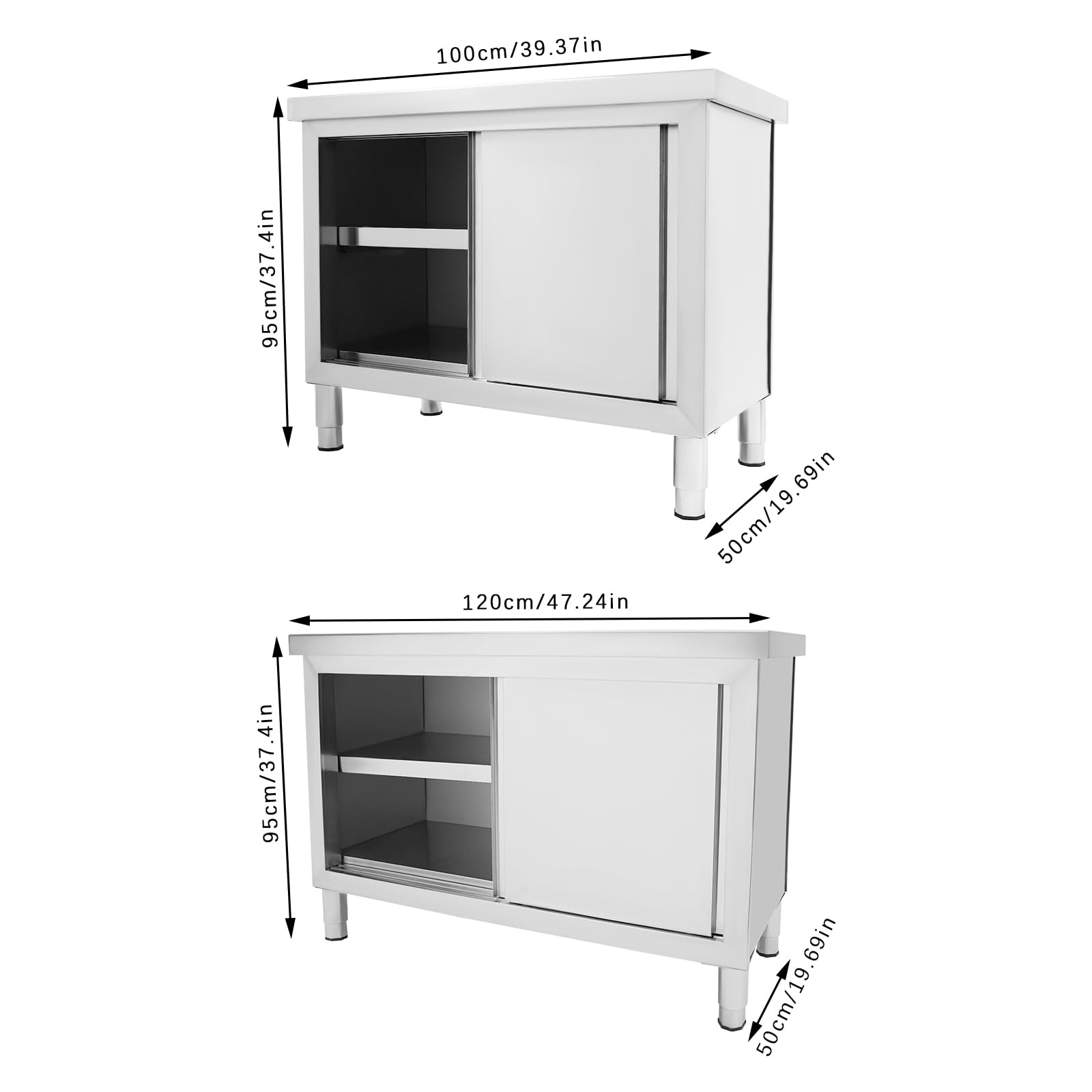 Mesa de trabajo de cocina, mesa de acero inoxidable para preparar con puertas correderas, armarios de trabajo de acero inoxidable para cocinas, garajes, jardines, bares, dos tamaños disponibles (100 x