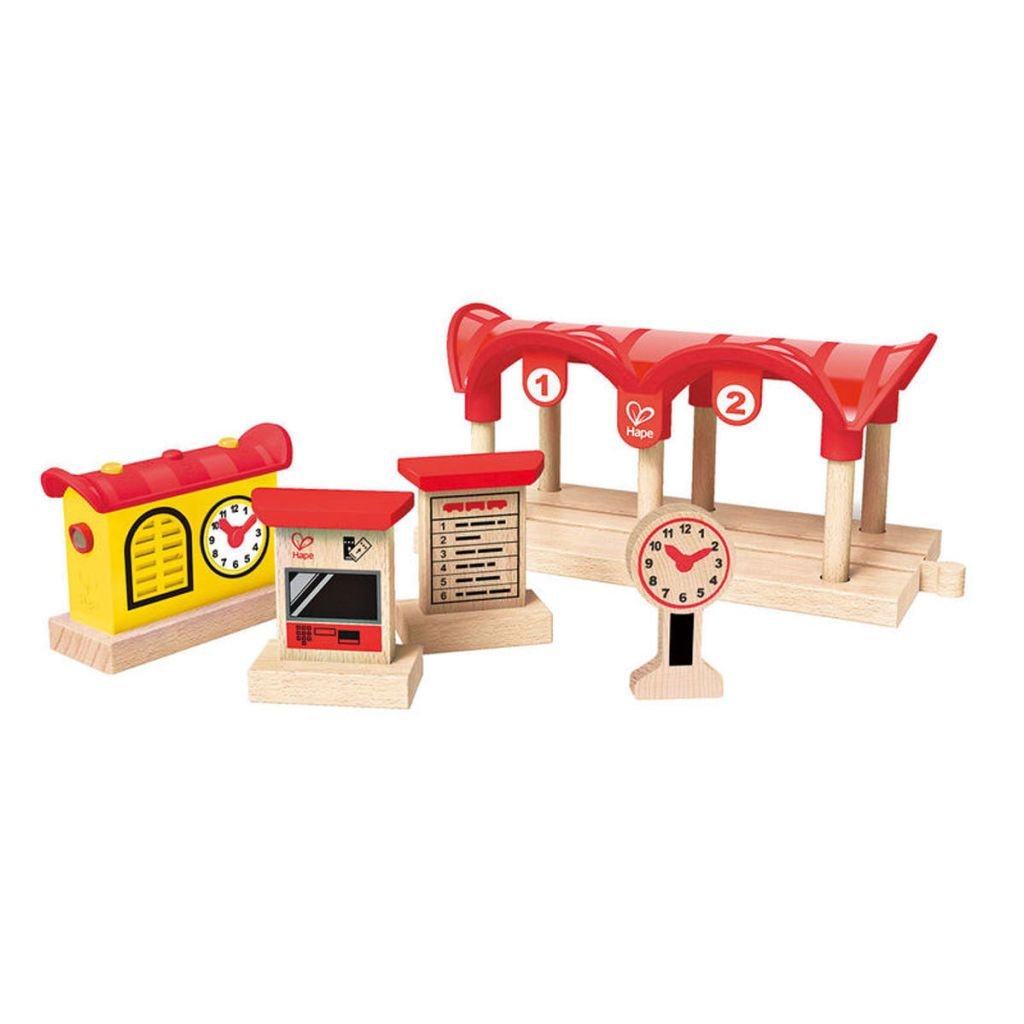 Hape Stazione dei Treni Registra Ascolta e Illumina - Accessorio a batterie con luci, microfono e registratore per gioco di ruolo con ferrovia dai 3 anni in su