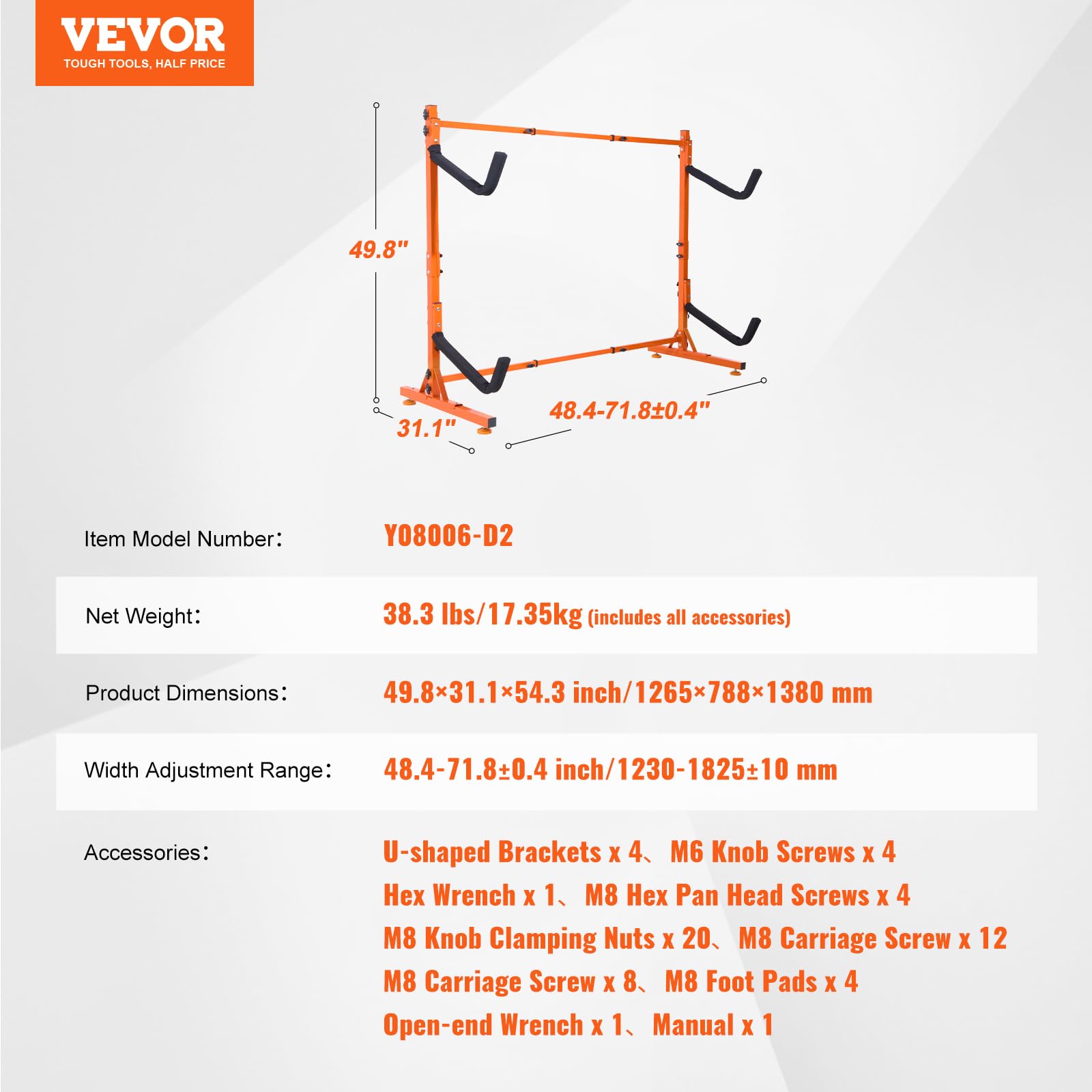 VEVOR Portaoggetti per Kayak Autoportante, Supporto per Gancio per Kayak in Acciaio Resistente con Bracci Imbottiti e Larghezza Regolabile, Carico Massimo 175LBS, per Garage Interno ed Esterno