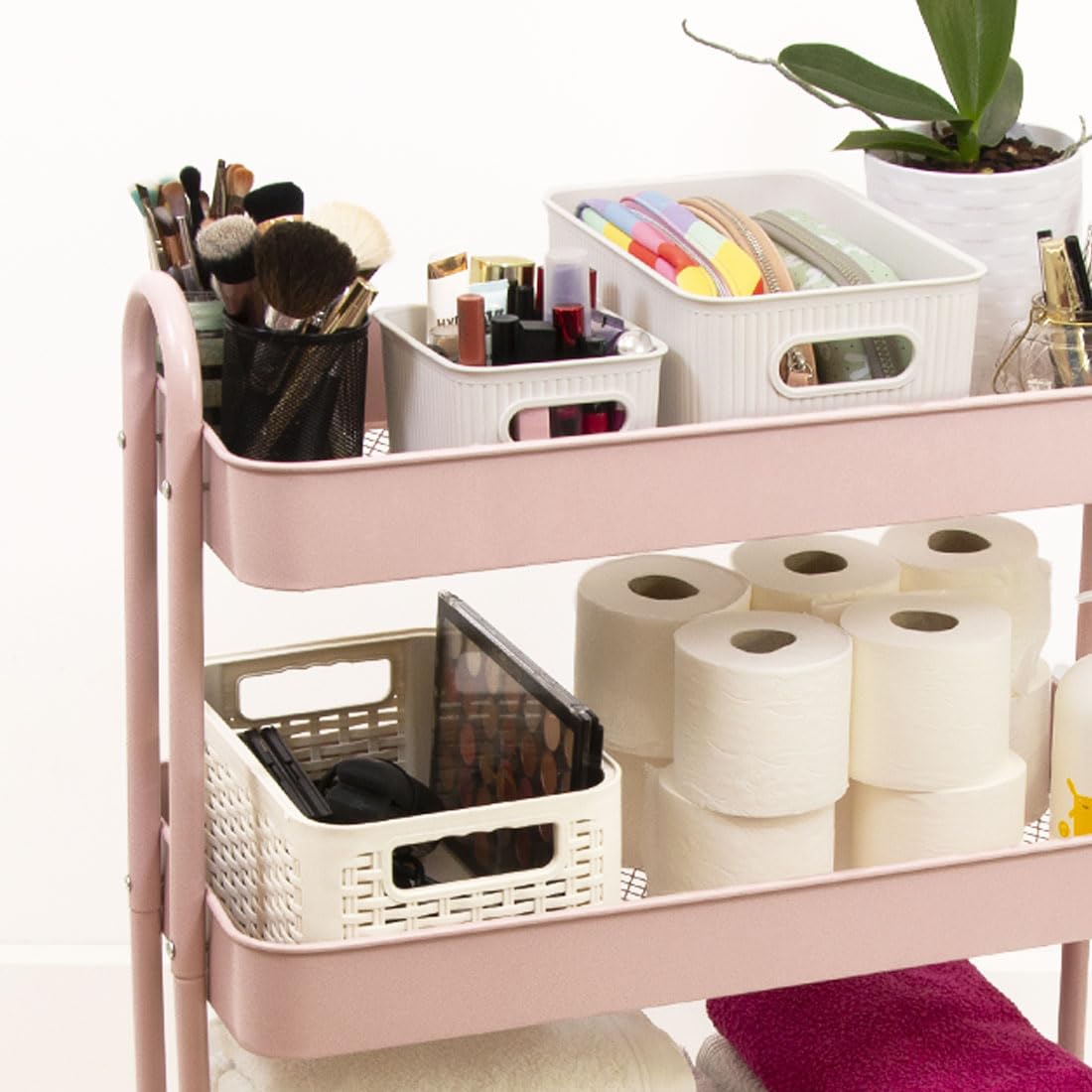 Craftelier - Carrito Grande Metálico de Organización con 3 Bandejas | 4 Ruedas Giratorias 360º con Frenos en 2 | Tamaño Total: 71,2 x 61 x 29 cm - Profundidad de Las Bandejas: 6,6 cm | Color Rosa