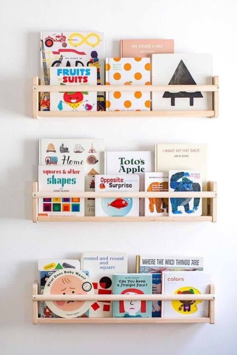 mamikids Montessori - Juego de 3 estantes para dormitorio de madera natural de abedul, estante de pared de 50 x 15 x 9 cm, ideal para dibujos y libros infantiles, estantes de pared de 3 estantes –