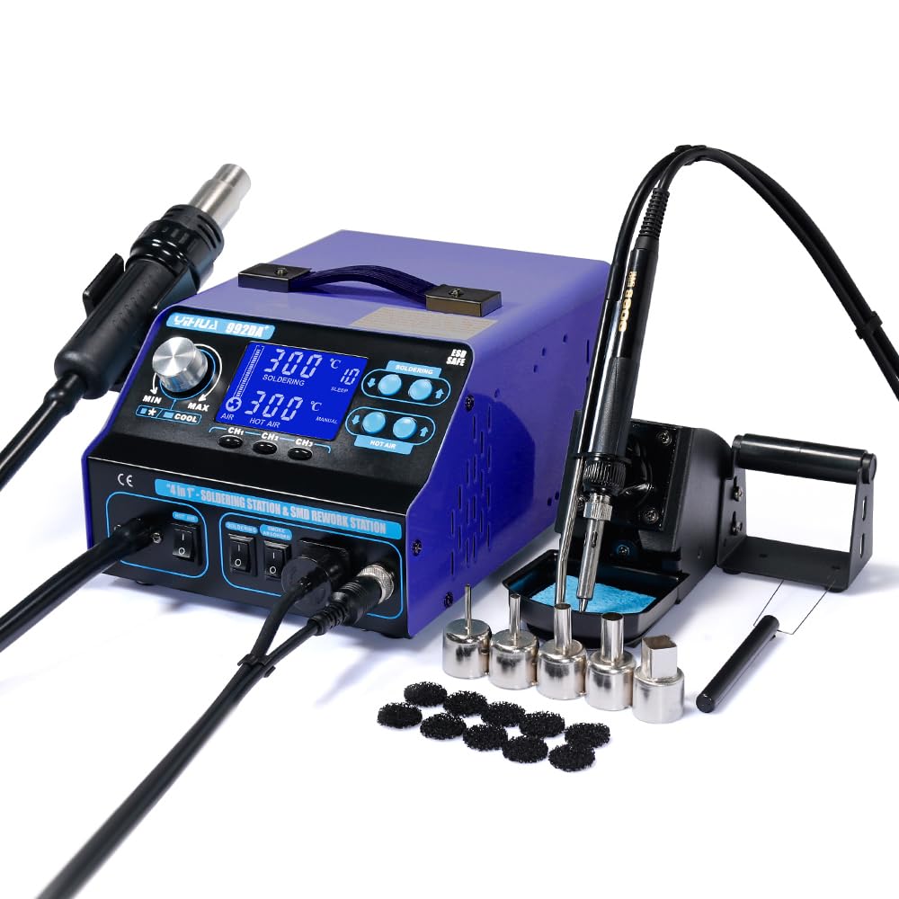 Stazione di saldatura ad aria calda 4 in 1, stazione di saldatura professionale con saldatore, pistola dissaldante, pistola termica per elettronica, progetti fai da te, riparazioni, riparazioni