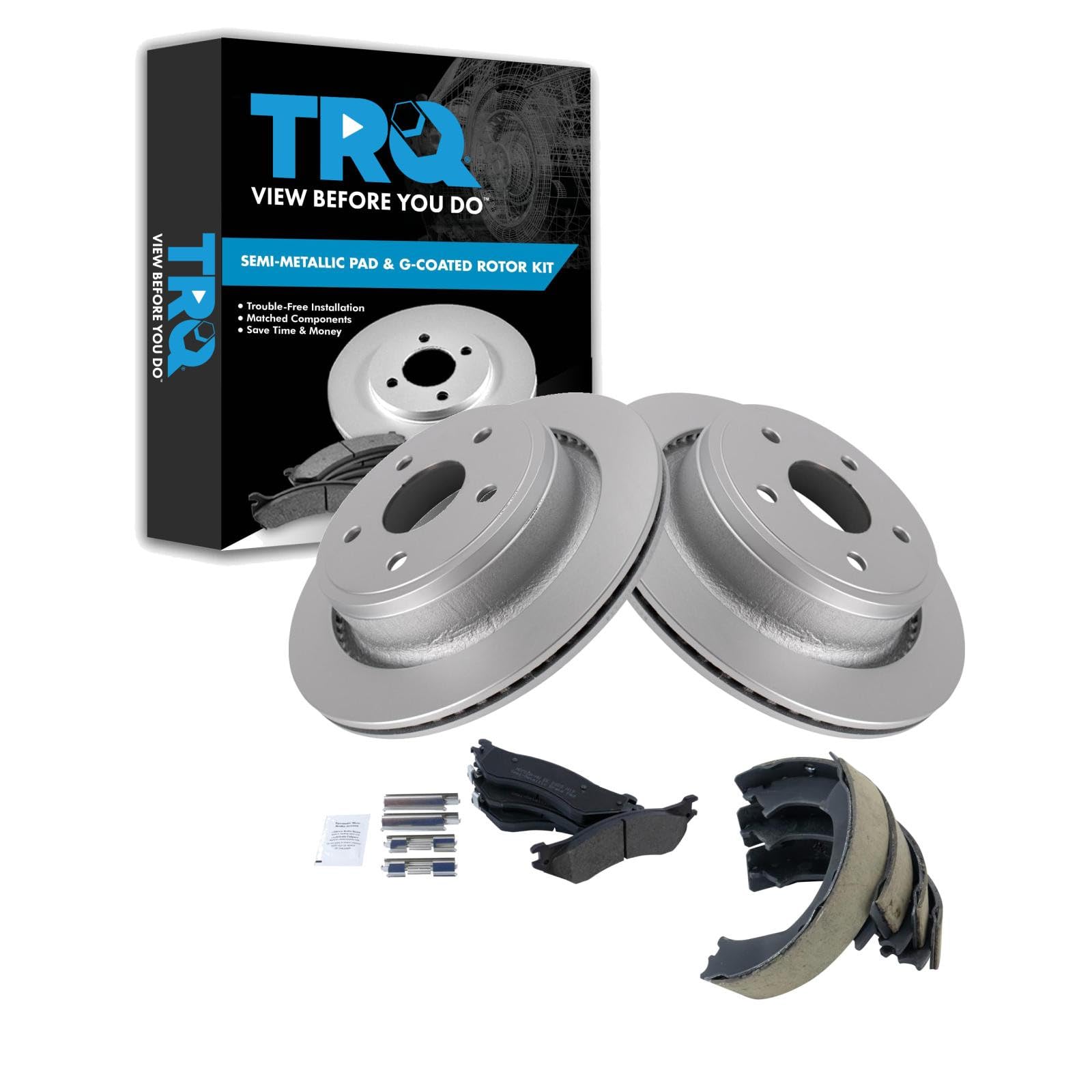 TRQ Rear Brake Pad and Rotor Set Semi Metallic Coated Rotors Parking Shoe Compatible with 2004-2006 Dodge Ram 1500