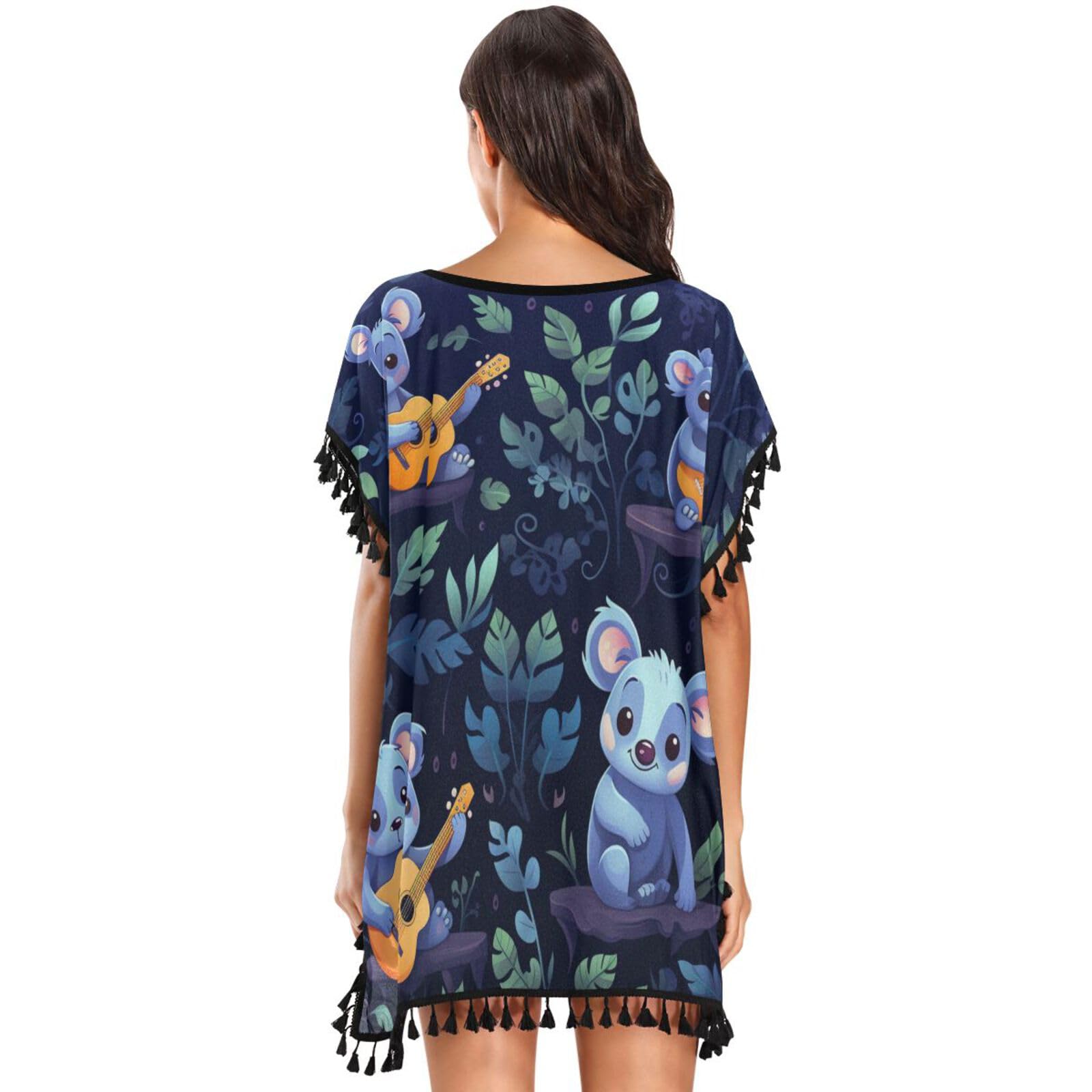 Cute Forest Animal Koala Women's Beach Cover Up Chiffon Tassel Swimwear Swimsuit Coverups for Girl