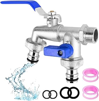 Double Garden Tap, 1/2 Inch Brass Double Water Tap(Blue) | Outside Faucet Outside Tap with 1/2 inch Brass Water Faucet and 2X3/4 inch Outlet Double for Garden Household Industry