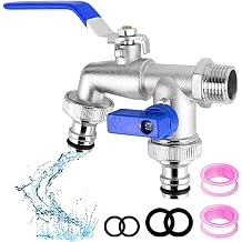 Double Garden Tap, 1/2 Inch Brass Double Water Tap, Outside Faucet Outside Tap with 1/2 inch Brass Water Faucet and 2X3/4 inch Outlet Double for Garden Household IndustryBlue