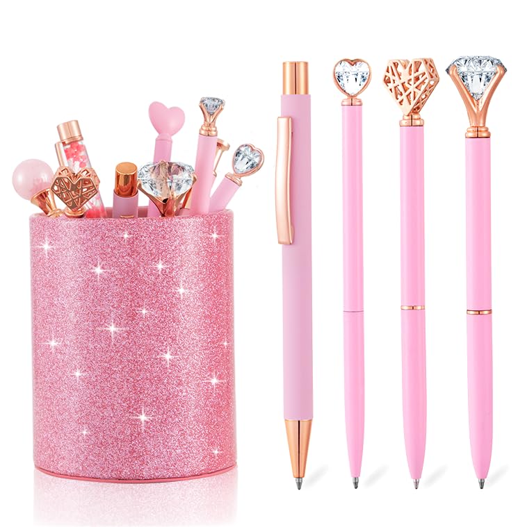 habibee Pink pens Set 9 Pack, Ballpoint Pen with Glitter Pen Holder for Desk, Metal Crystal Diamond Fancy Pens for Women, Cute Office Decor, Gifts for Girls, School, Office Supplies, Desk Accessories