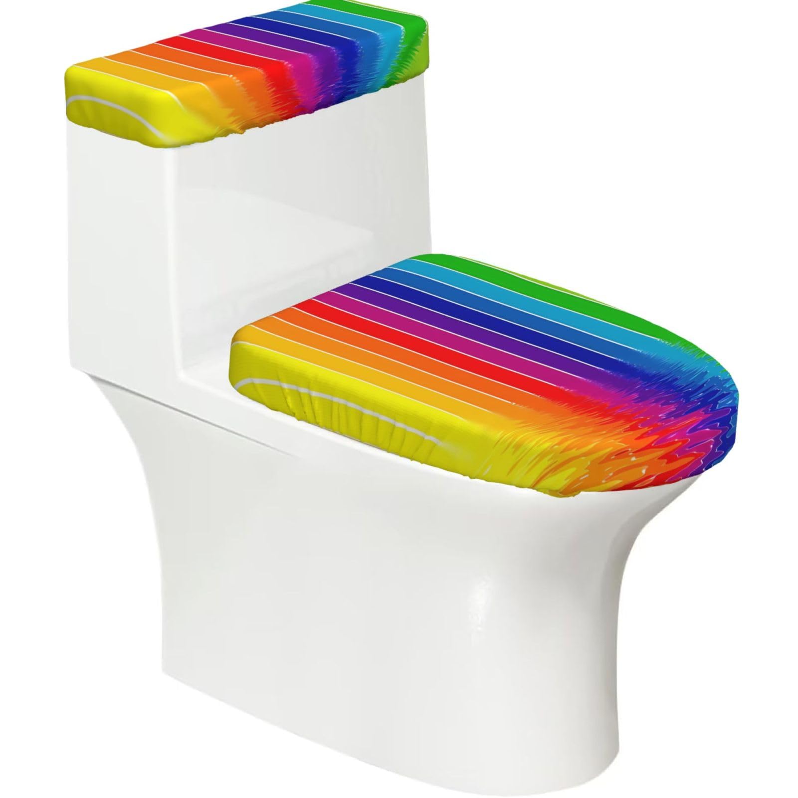 Rainbow Striped 2-Piece Toilet Seat Cover Set with Tank Lid - Elastic for U-Shape & Elongated - Bathroom Decor