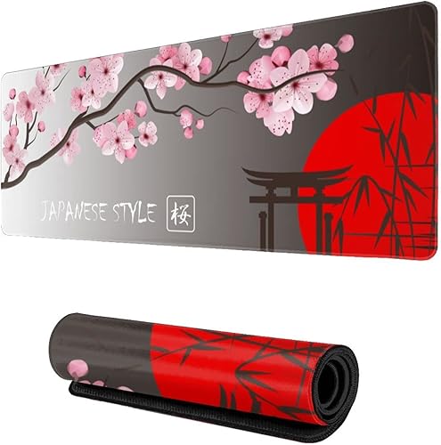 Miniatura 1 de Alfombrilla de ratón japonesa grande para juegos en flor de cerezo en blanco y negro, XL, con bordes cosidos, alfombrilla de escritorio impermeable,