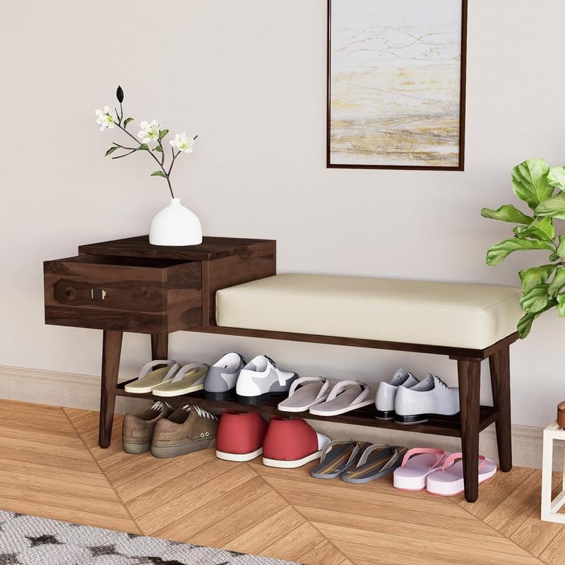 Image of VK Furniture Solid Sheesham Wood Shoe Rack with 1 Drawer Storage | Wooden Large Size Shoe Cabinet with Cushion Seating for Home, Living Room, Hotel, Enteryway (Walnut Finish)