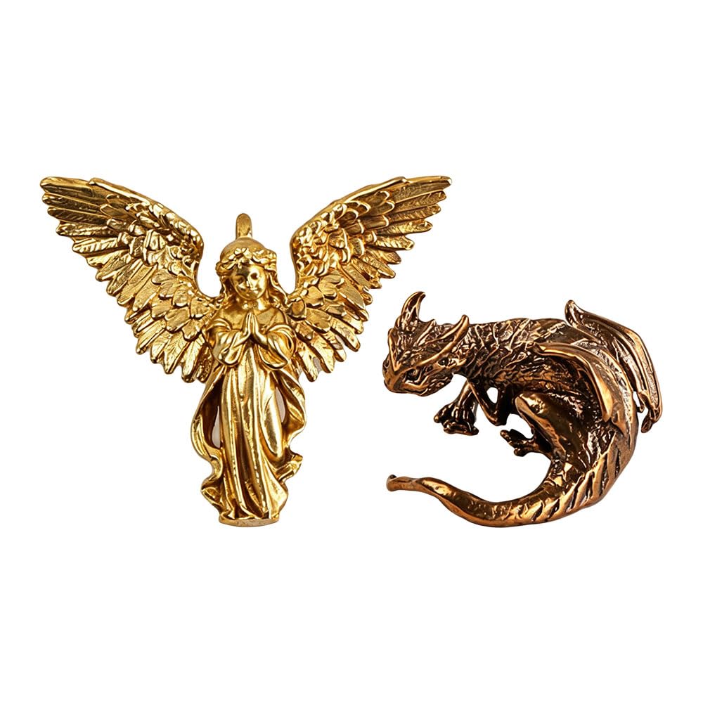 Jehoshaphat Aurichalceous 2Pcs Brass Western Fire Dragon Mini Figurines, Detailed Scaled Lifelike Metal Statues, Static Fantasy Collectibles For Desktop Layouts, Mini Greenery Landscape Displays