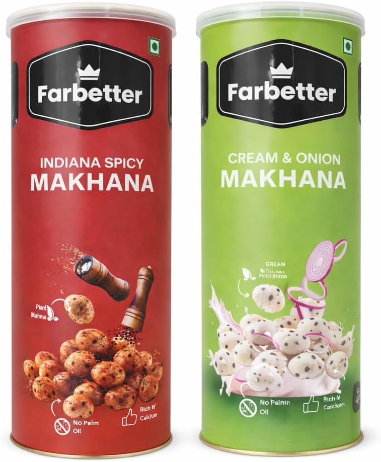 - FARBETTER | Roasted and Flavored Makhana 120g Indiana spicy and Cream & Onion| Healthy & Crunchy snack | Rich in Protein & Calcium | pack of 2 (60gm x2)