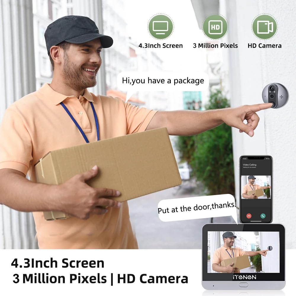 Wifi Senza Fili Spioncino Digitale Porta WiFi Campanello con MicroSD da 32GB,3.0MP Telecamera la Porta anteriore con monitor 4.3" pollici,Allarme al telefono cellulare,PIR